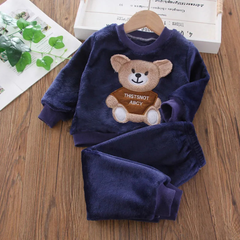 Baby Winter Cartoon Bear Pajamas Set – Flannel Fleece Homewear for Boys & Girls