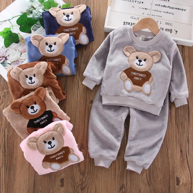 Baby Winter Cartoon Bear Pajamas Set – Flannel Fleece Homewear for Boys & Girls