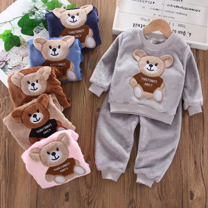 Baby Winter Cartoon Bear Pajamas Set – Flannel Fleece Homewear for Boys & Girls