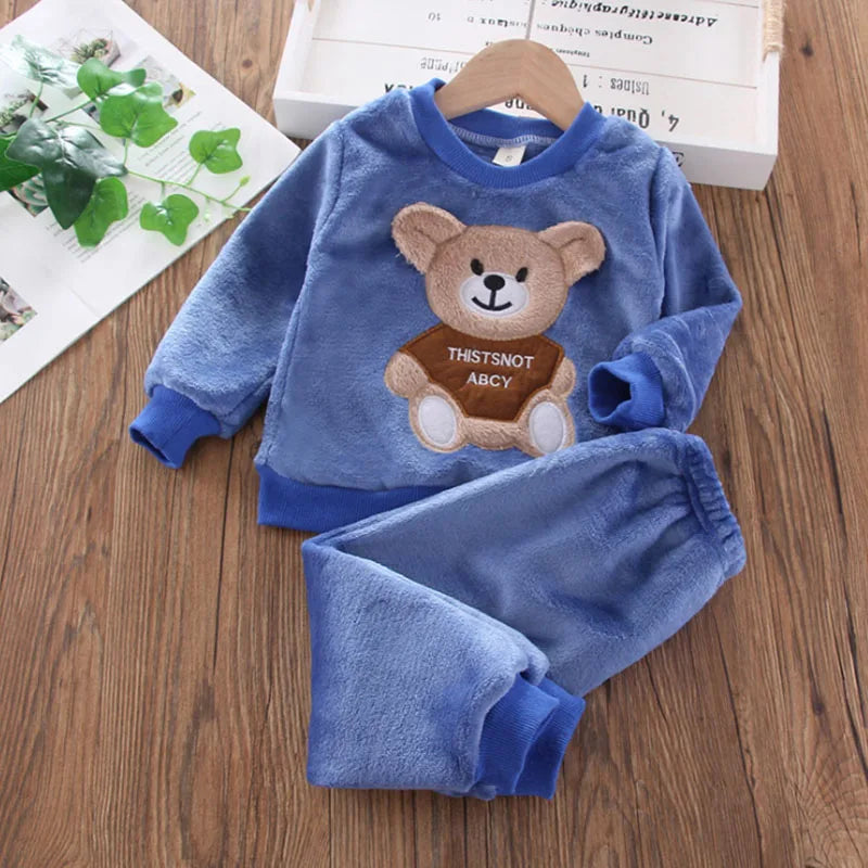 Baby Winter Cartoon Bear Pajamas Set – Flannel Fleece Homewear for Boys & Girls