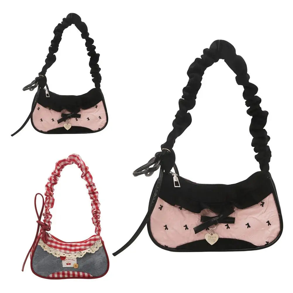 Women's Grid Fabric Tote Bag with Lace Ribbon Strap