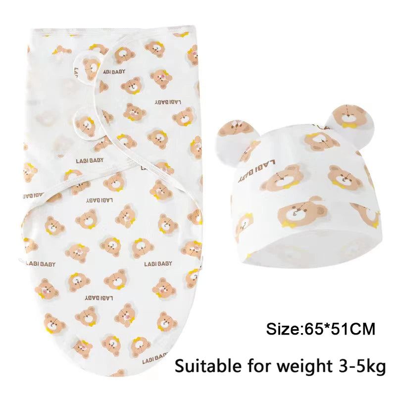 Newborn Baby Swaddle Blanket & Hat Set – Cartoon Cotton Wrap for 0-6 Months