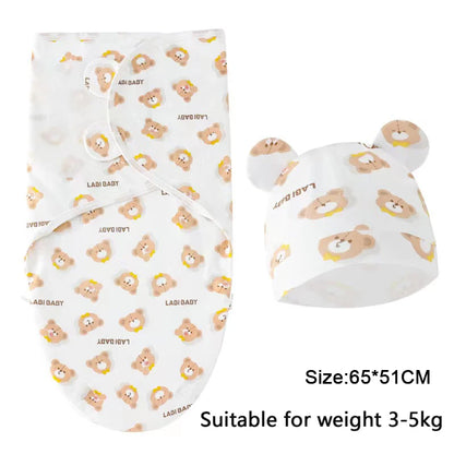 Newborn Baby Swaddle Blanket & Hat Set – Cartoon Cotton Wrap for 0-6 Months