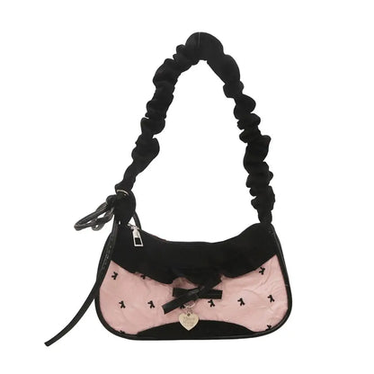 Women's Grid Fabric Tote Bag with Lace Ribbon Strap