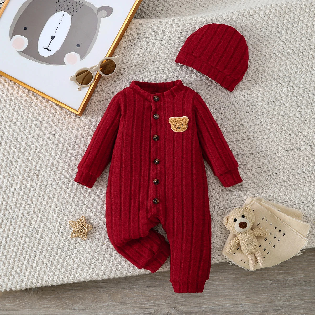 Baby Boy Winter Red Onesie & Hat Set – Cute Bear Badge Single-Breasted Romper for 1–18 Months