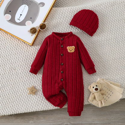 Baby Boy Winter Red Onesie & Hat Set – Cute Bear Badge Single-Breasted Romper for 1–18 Months