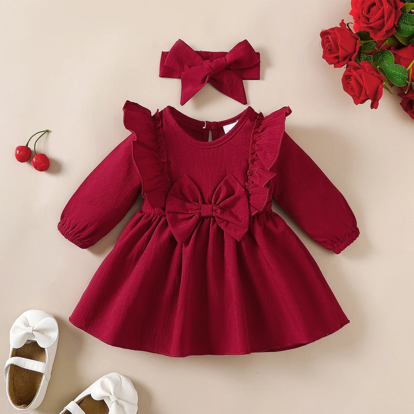 Baby Girl Autumn Dress with Headband – Ruffled Bow Long Sleeve Party Costume for 0–18 Months