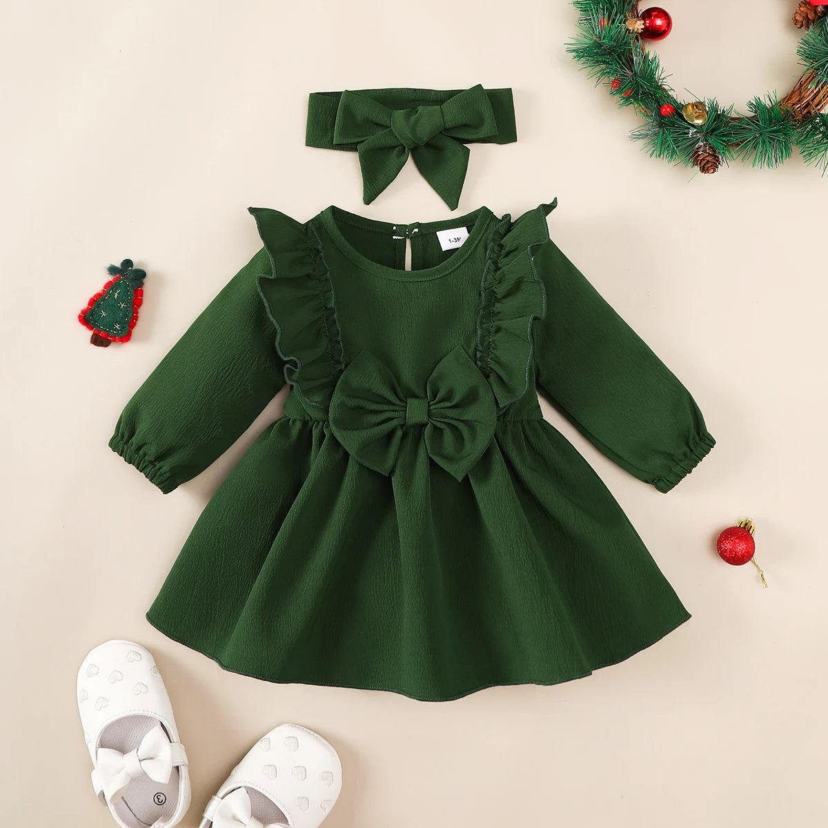Baby Girl Autumn Dress with Headband – Ruffled Bow Long Sleeve Party Costume for 0–18 Months