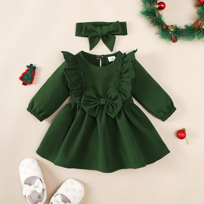 Baby Girl Autumn Dress with Headband – Ruffled Bow Long Sleeve Party Costume for 0–18 Months