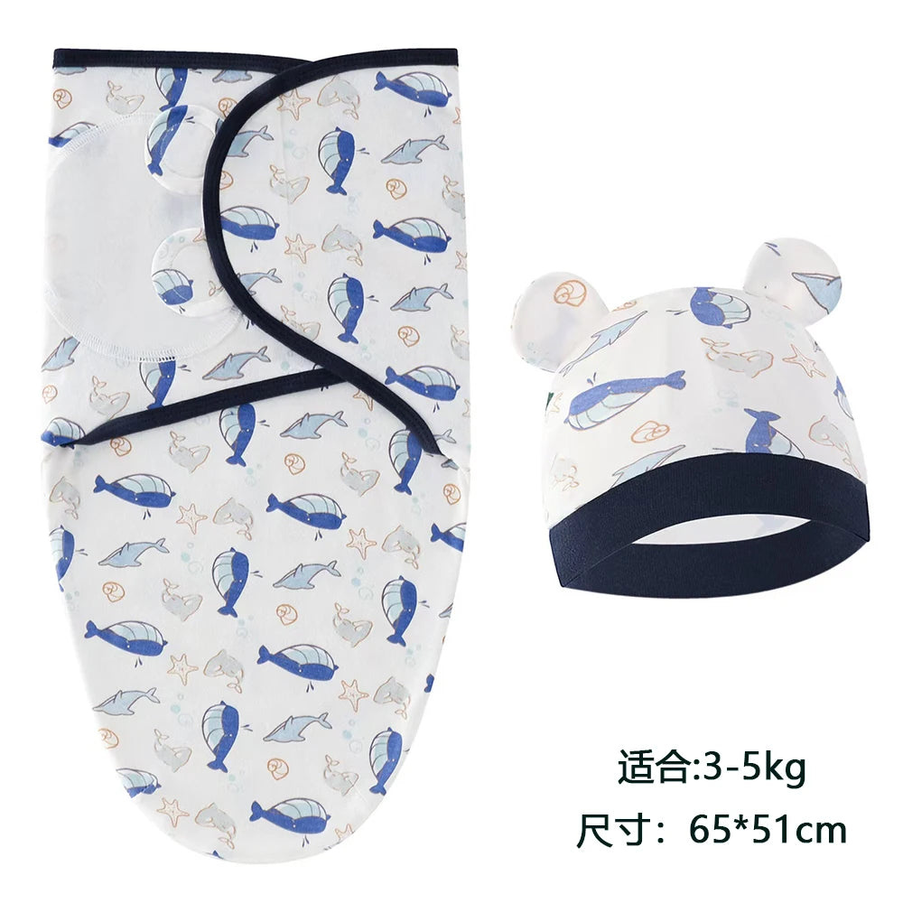 Newborn Baby Swaddle Blanket & Hat Set – Cartoon Cotton Wrap for 0-6 Months