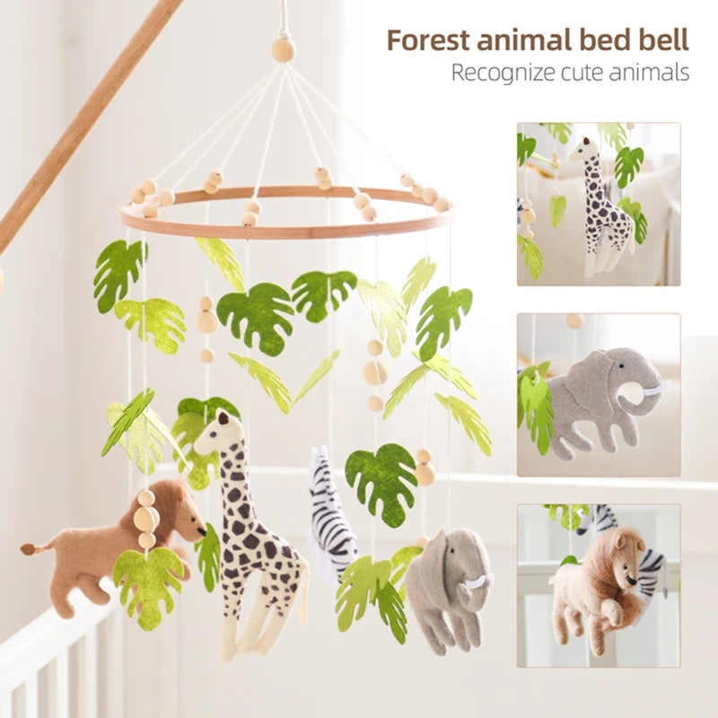 Baby Crib Mobile Rattle Toy – Felt Forest Animal Bed Bell with Wooden Bracket for 0–12 Months