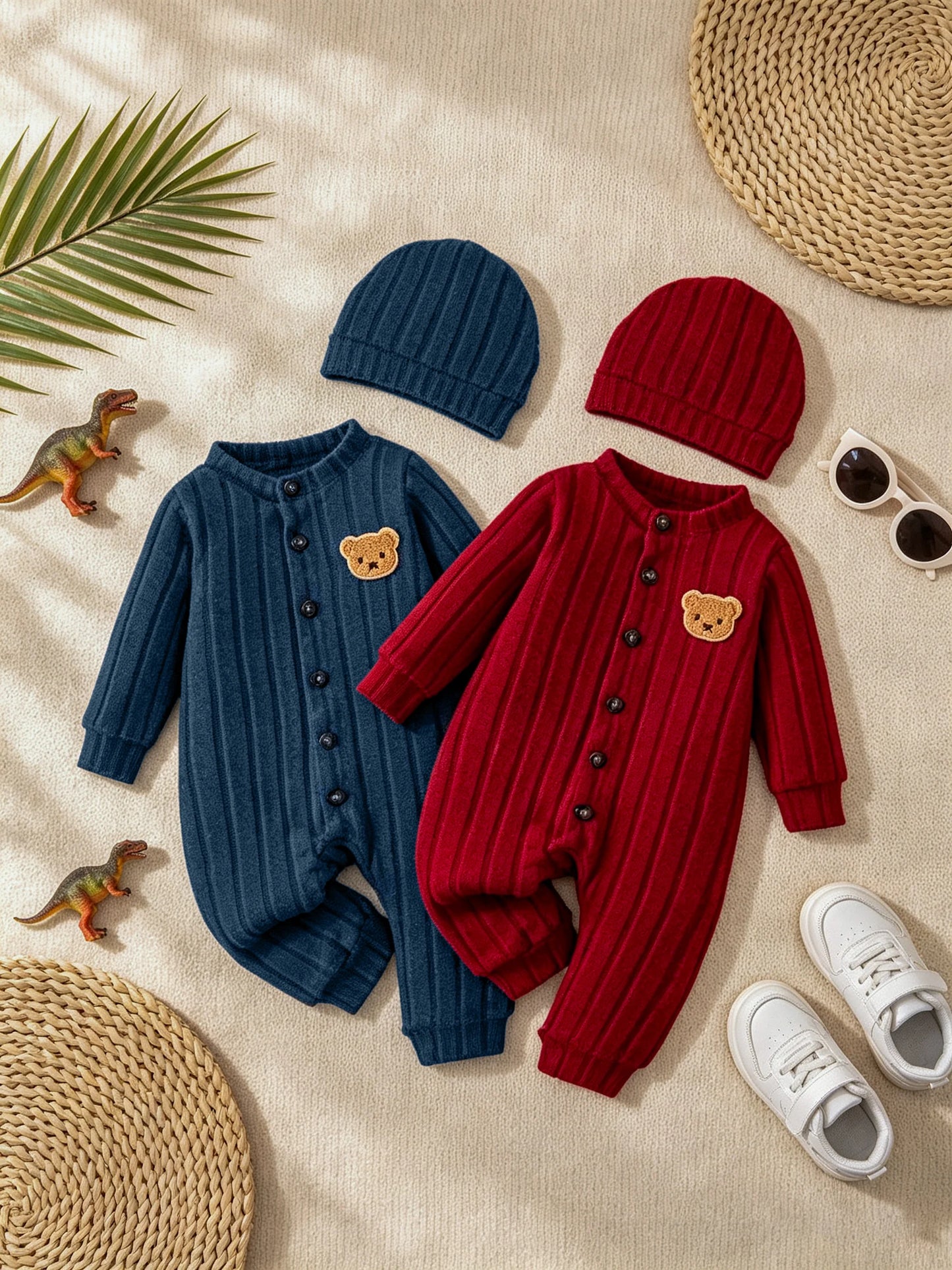 Baby Boy Winter Red Onesie & Hat Set – Cute Bear Badge Single-Breasted Romper for 1–18 Months
