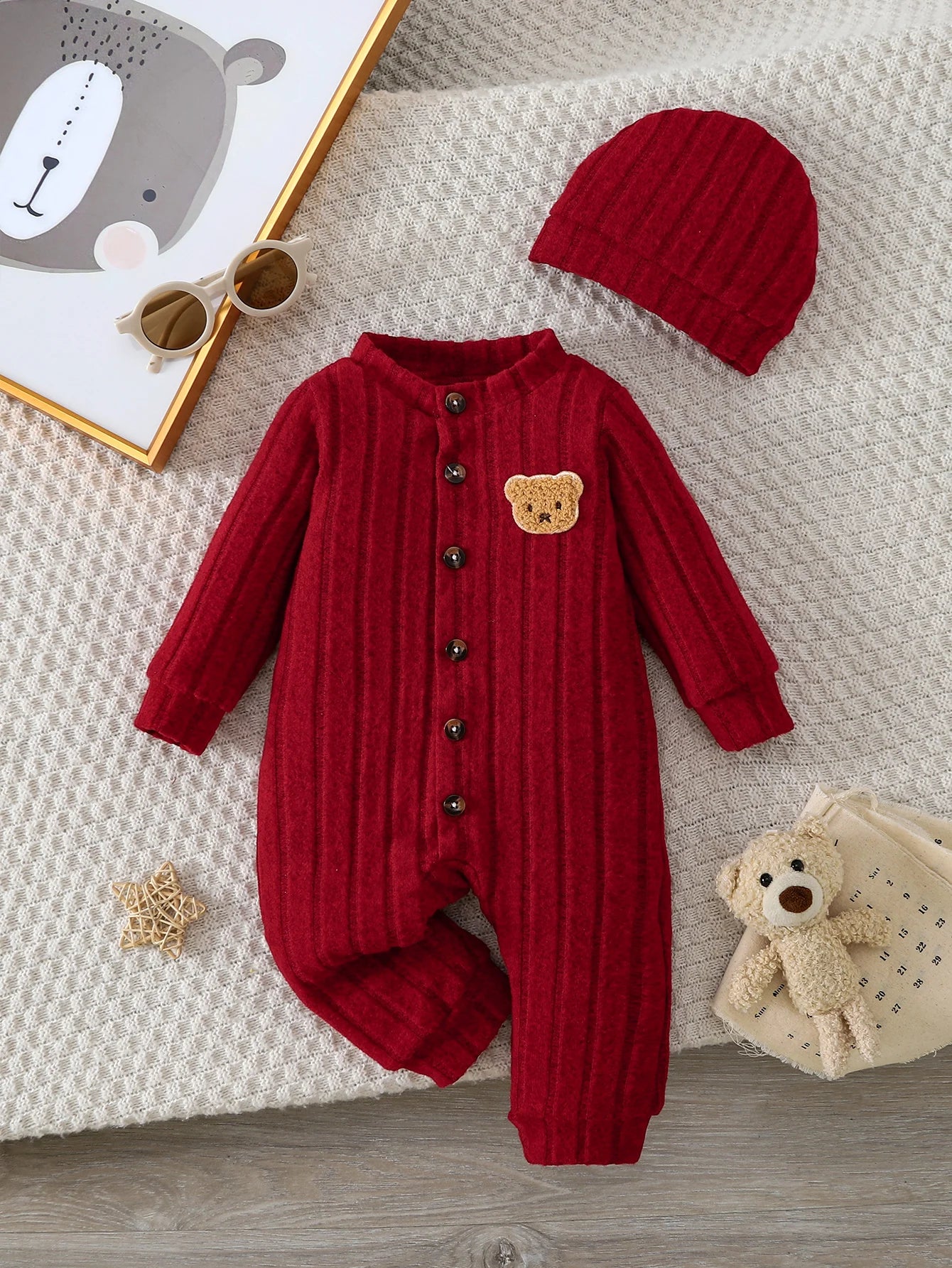 Baby Boy Winter Red Onesie & Hat Set – Cute Bear Badge Single-Breasted Romper for 1–18 Months