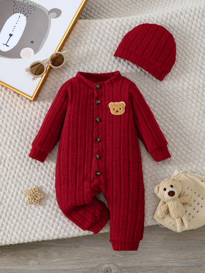 Baby Boy Winter Red Onesie & Hat Set – Cute Bear Badge Single-Breasted Romper for 1–18 Months