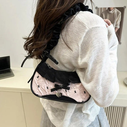 Women's Grid Fabric Tote Bag with Lace Ribbon Strap