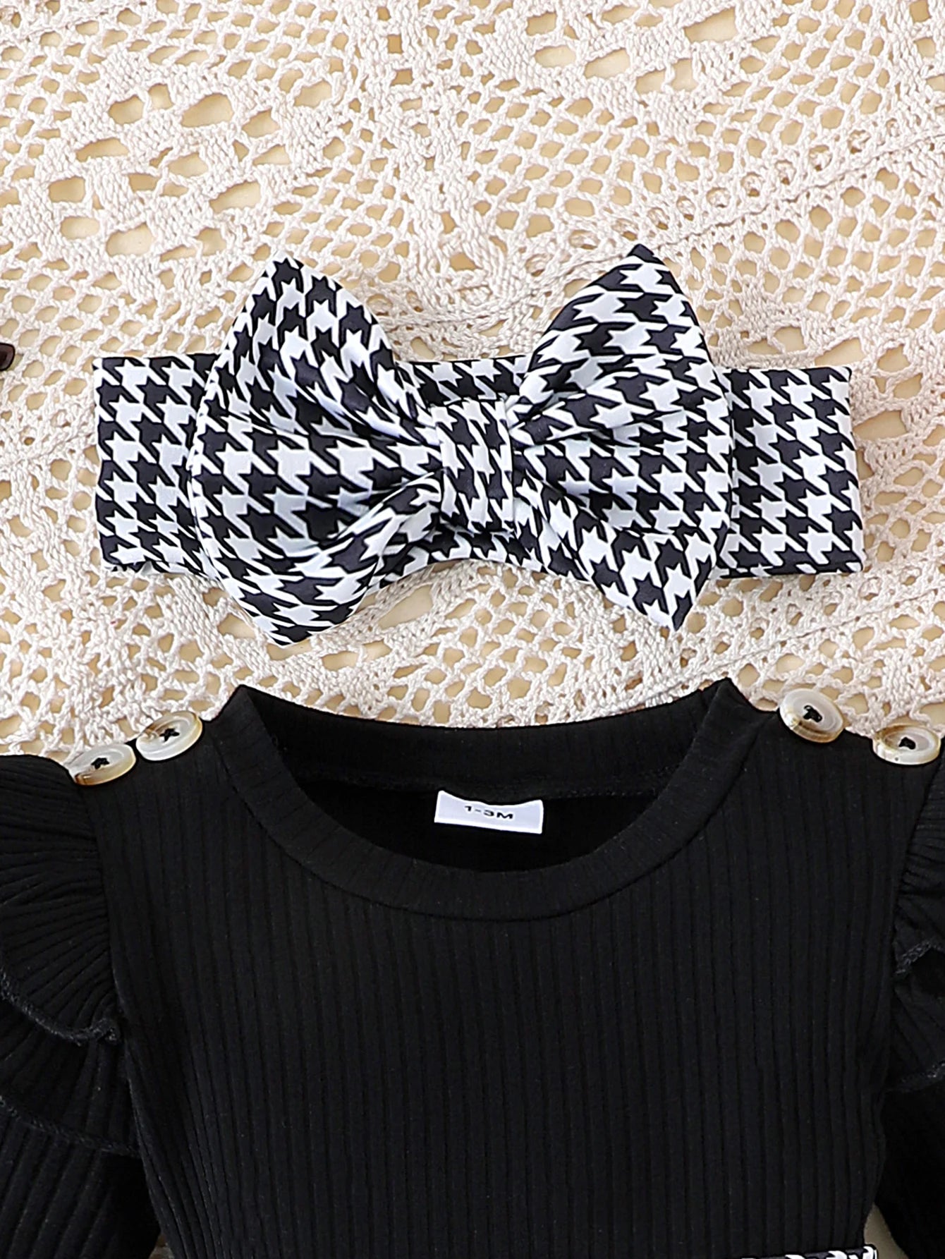 Baby Girl Autumn 2-Piece Outfit Set – Black Top + Houndstooth Skirt + Hair Band for 0–1 Year
