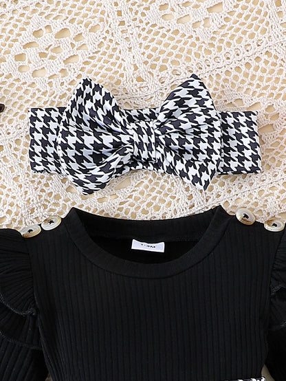 Baby Girl Autumn 2-Piece Outfit Set – Black Top + Houndstooth Skirt + Hair Band for 0–1 Year