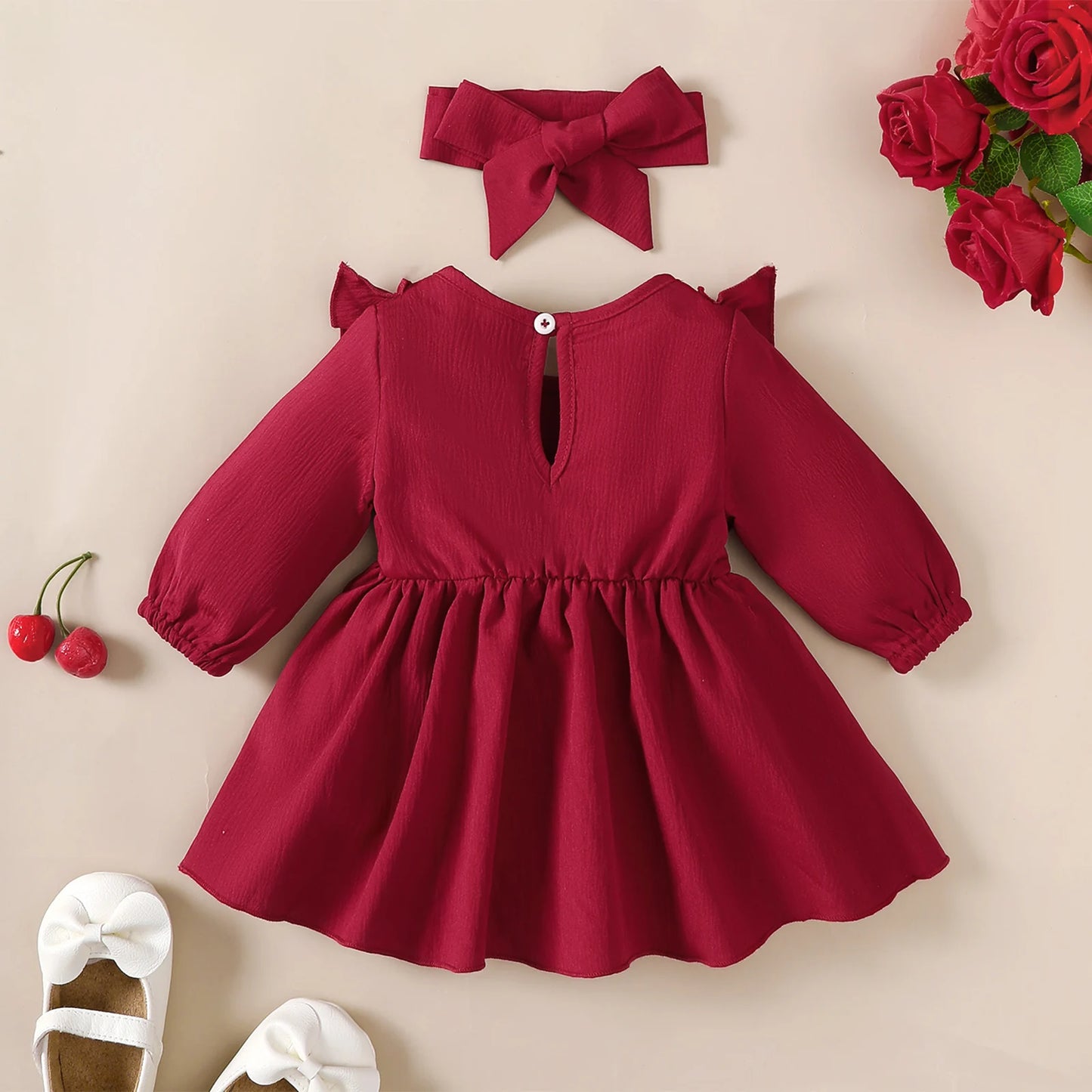 Baby Girl Autumn Dress with Headband – Ruffled Bow Long Sleeve Party Costume for 0–18 Months