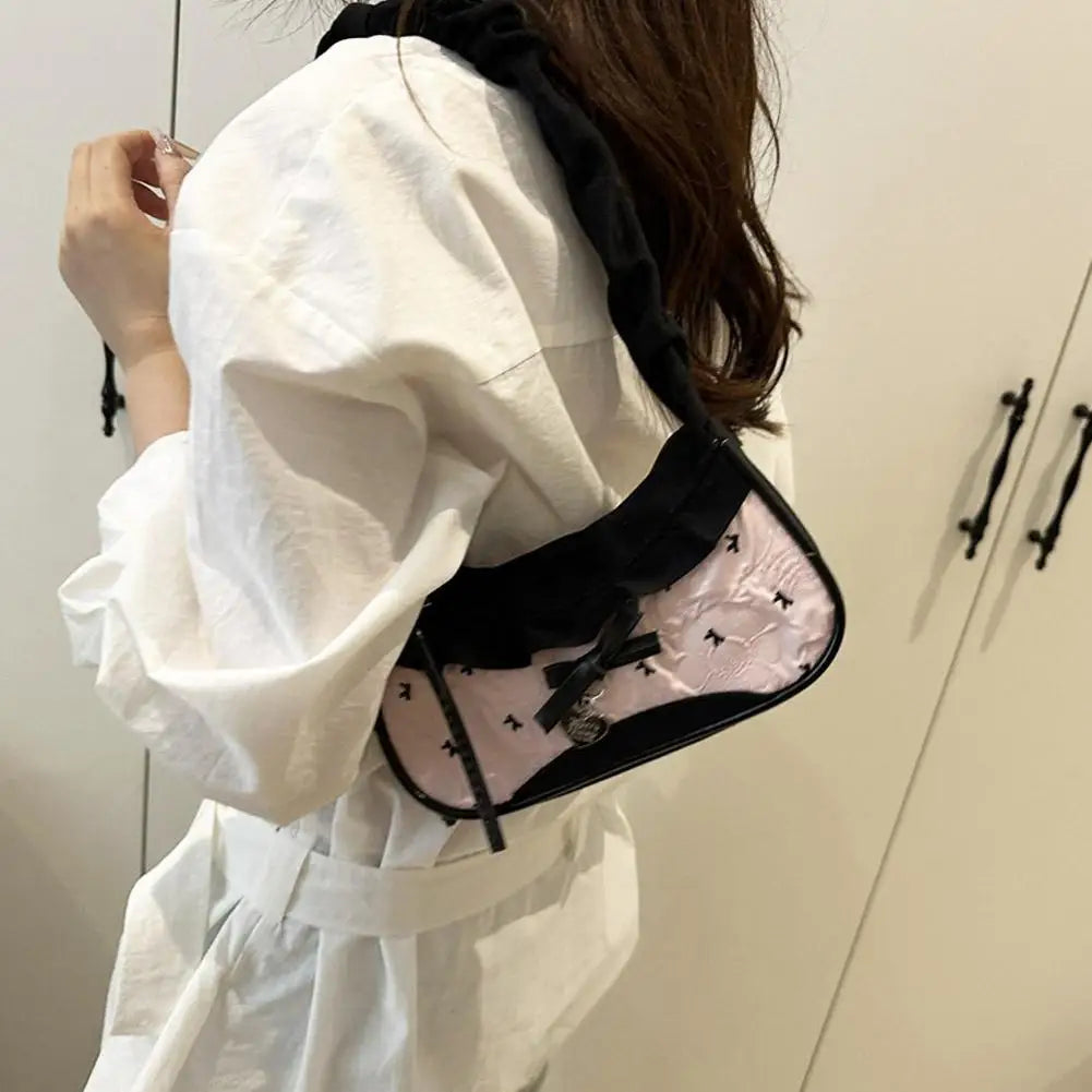 Women's Grid Fabric Tote Bag with Lace Ribbon Strap