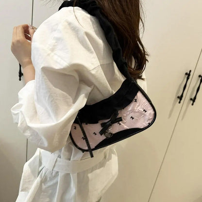 Women's Grid Fabric Tote Bag with Lace Ribbon Strap