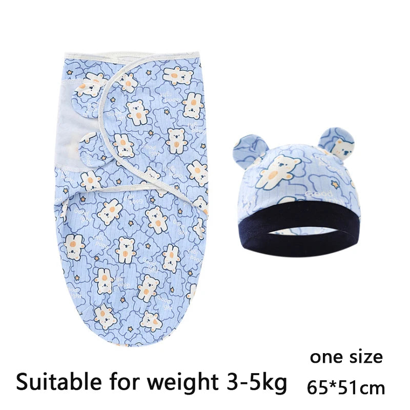 Newborn Baby Swaddle Blanket & Hat Set – Cartoon Cotton Wrap for 0-6 Months