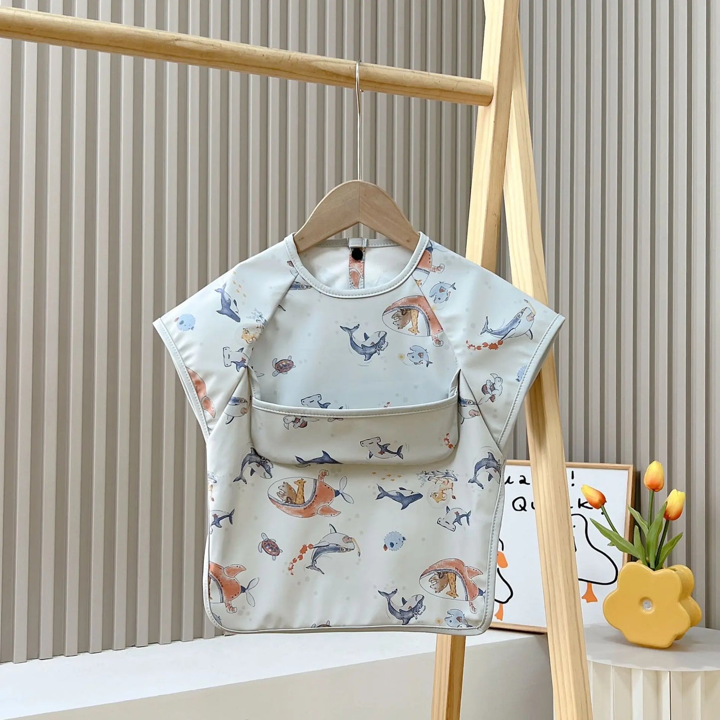 Baby Waterproof Feeding Smock Bib – Short Sleeve Cartoon Animal Apron for 0–6 Years