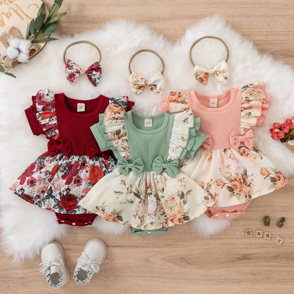 Summer Baby Girl Dress – Bowknot Striped Floral Jumpsuit Cotton Crawling Clothes for Newborns