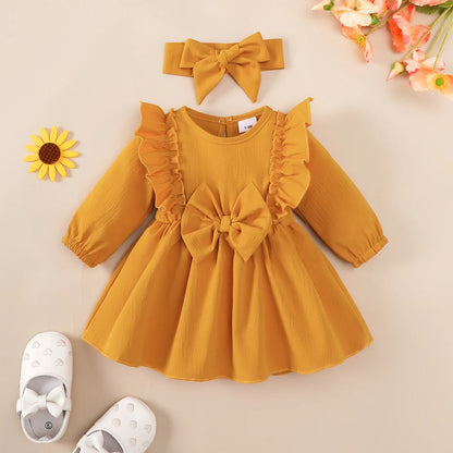 Baby Girl Autumn Dress with Headband – Ruffled Bow Long Sleeve Party Costume for 0–18 Months