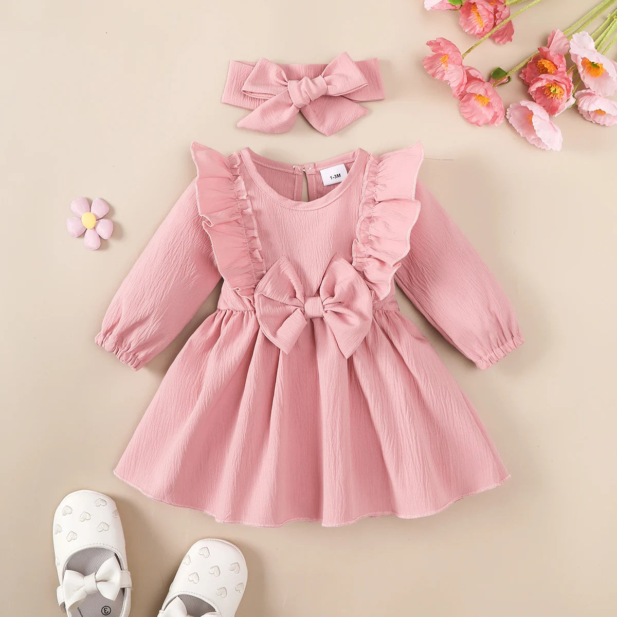 Baby Girl Autumn Dress with Headband – Ruffled Bow Long Sleeve Party Costume for 0–18 Months