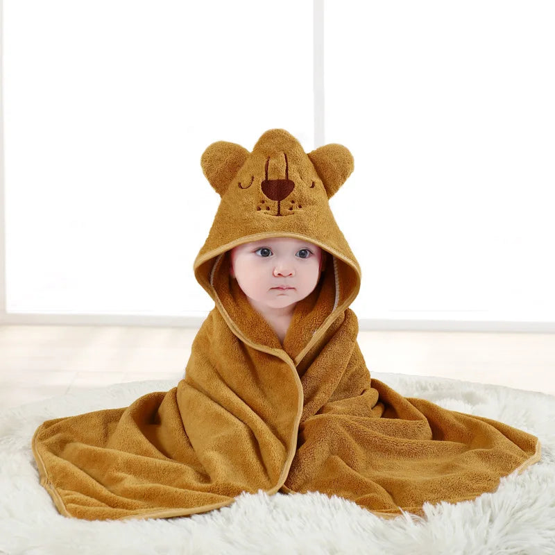 Baby Hooded Bathrobe Towel – Soft Coral Fleece Cartoon Bath Wrap for Newborns & Toddlers