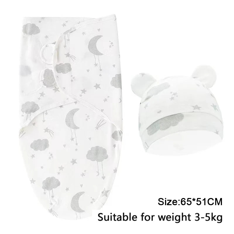 Newborn Baby Swaddle Blanket & Hat Set – Cartoon Cotton Wrap for 0-6 Months