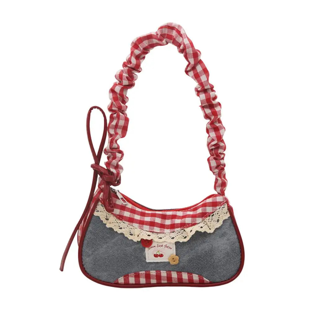 Women's Grid Fabric Tote Bag with Lace Ribbon Strap