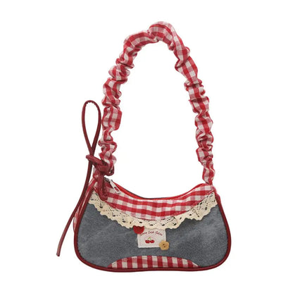 Women's Grid Fabric Tote Bag with Lace Ribbon Strap