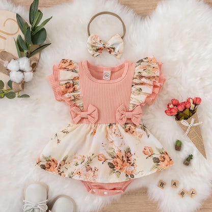 Summer Baby Girl Dress – Bowknot Striped Floral Jumpsuit Cotton Crawling Clothes for Newborns