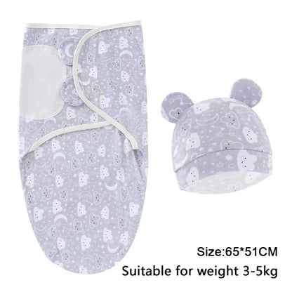 Newborn Baby Swaddle Blanket & Hat Set – Cartoon Cotton Wrap for 0-6 Months