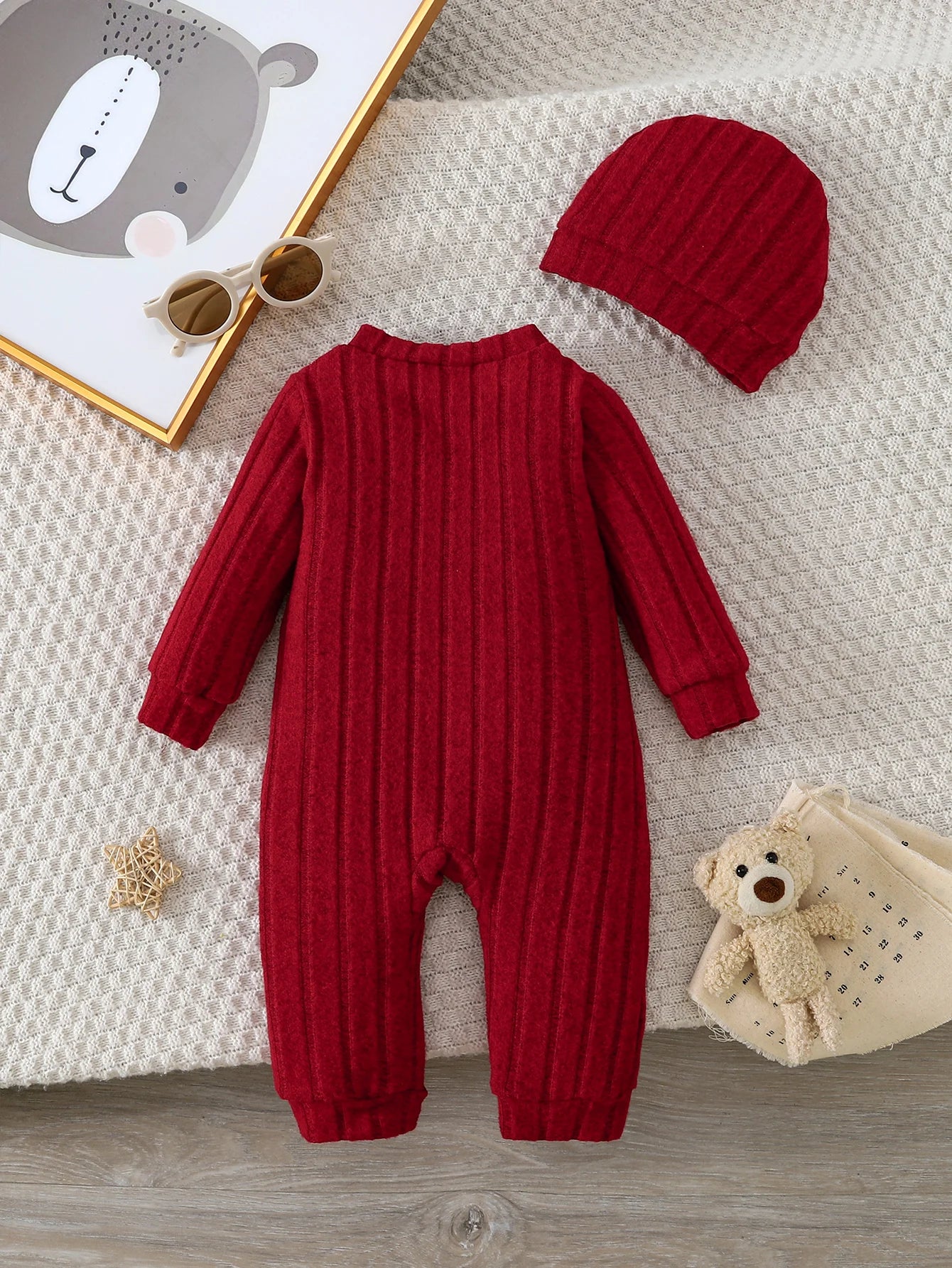 Baby Boy Winter Red Onesie & Hat Set – Cute Bear Badge Single-Breasted Romper for 1–18 Months