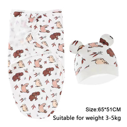 Newborn Baby Swaddle Blanket & Hat Set – Cartoon Cotton Wrap for 0-6 Months