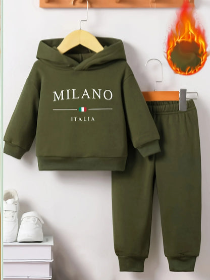 Baby Boy Fleece Hooded Sweatshirt & Sports Pants Set – Letter Print Casual Suit 6M-3Y