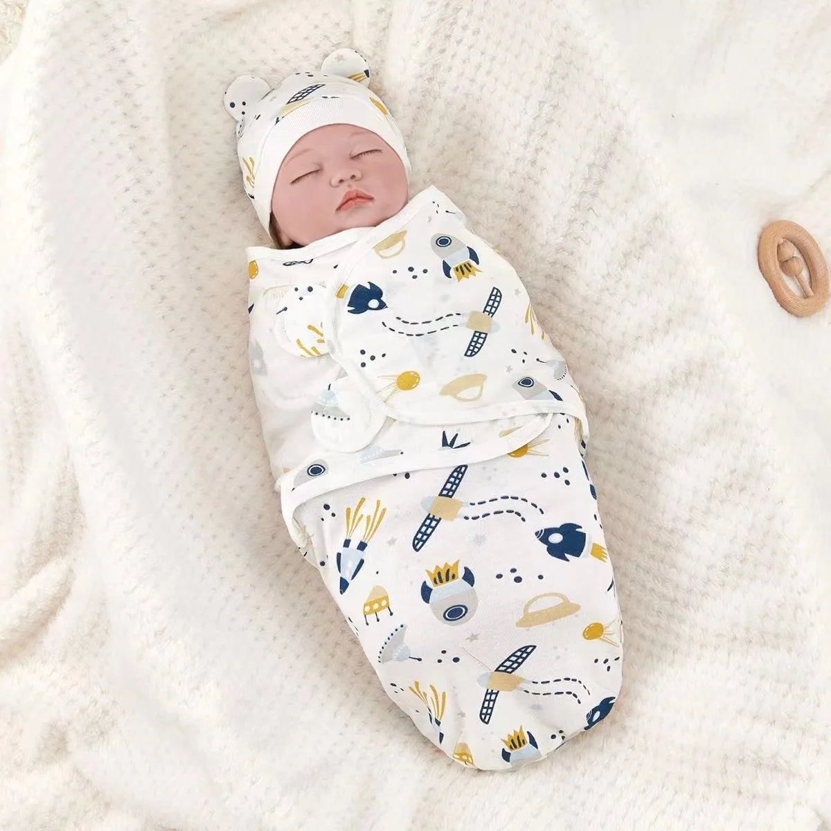 Newborn Baby Swaddle Blanket & Hat Set – Cartoon Cotton Wrap for 0-6 Months