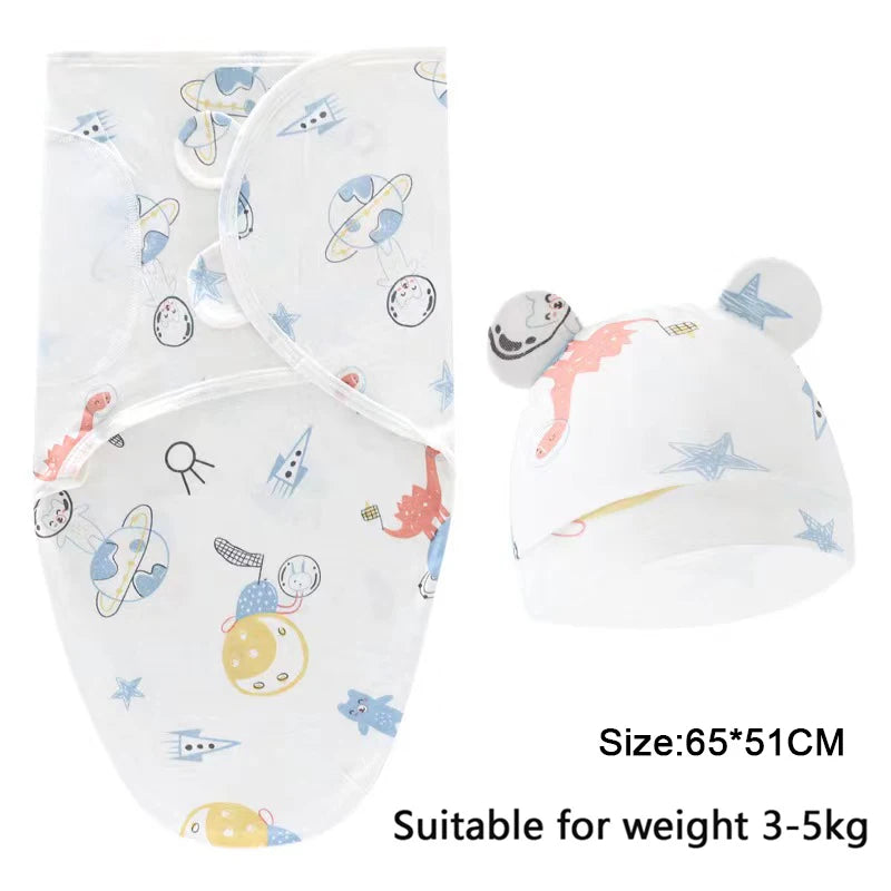 Newborn Baby Swaddle Blanket & Hat Set – Cartoon Cotton Wrap for 0-6 Months