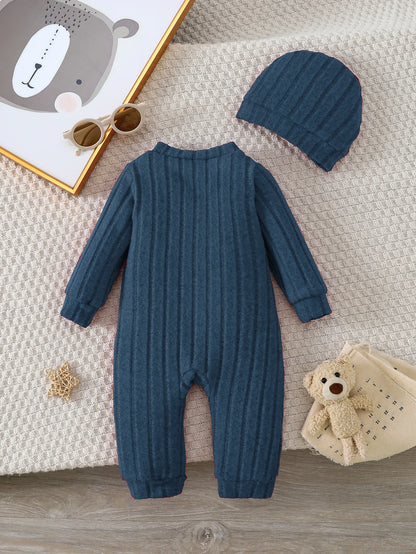 Baby Boy Winter Red Onesie & Hat Set – Cute Bear Badge Single-Breasted Romper for 1–18 Months