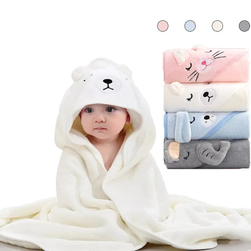 Baby Hooded Bathrobe Towel – Soft Coral Fleece Cartoon Bath Wrap for Newborns & Toddlers