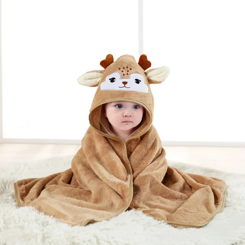 Baby Hooded Bathrobe Towel – Soft Coral Fleece Cartoon Bath Wrap for Newborns & Toddlers