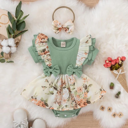 Summer Baby Girl Dress – Bowknot Striped Floral Jumpsuit Cotton Crawling Clothes for Newborns