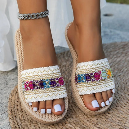 Women's Bohemian Tassel Beach Slippers – Flat Ethnic Sandal Slides in Large Sizes