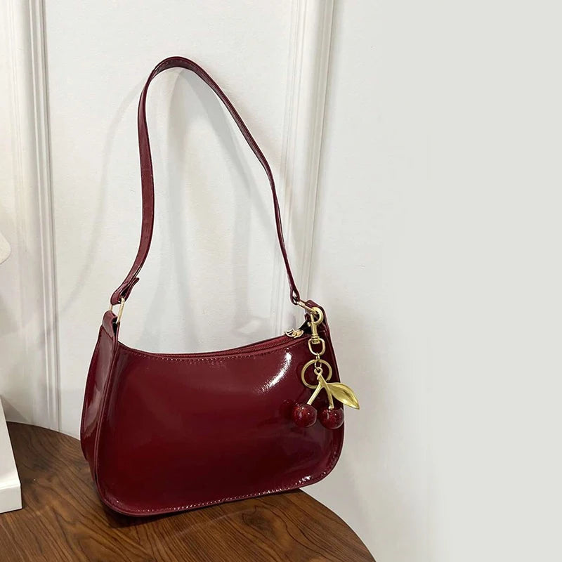 Women's PU Leather Shoulder Bag with Cherry Pendant