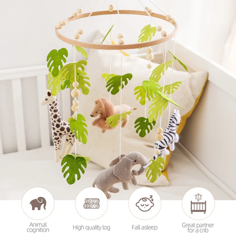Baby Crib Mobile Rattle Toy – Felt Forest Animal Bed Bell with Wooden Bracket for 0–12 Months