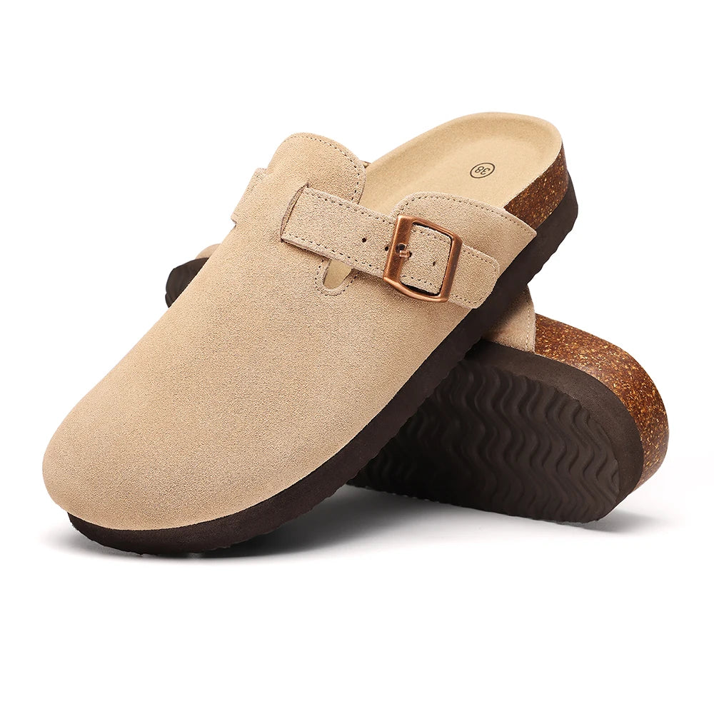Women's Cork Mule Clogs – Suede Anti-Slip Outdoor Slippers with Arch Support