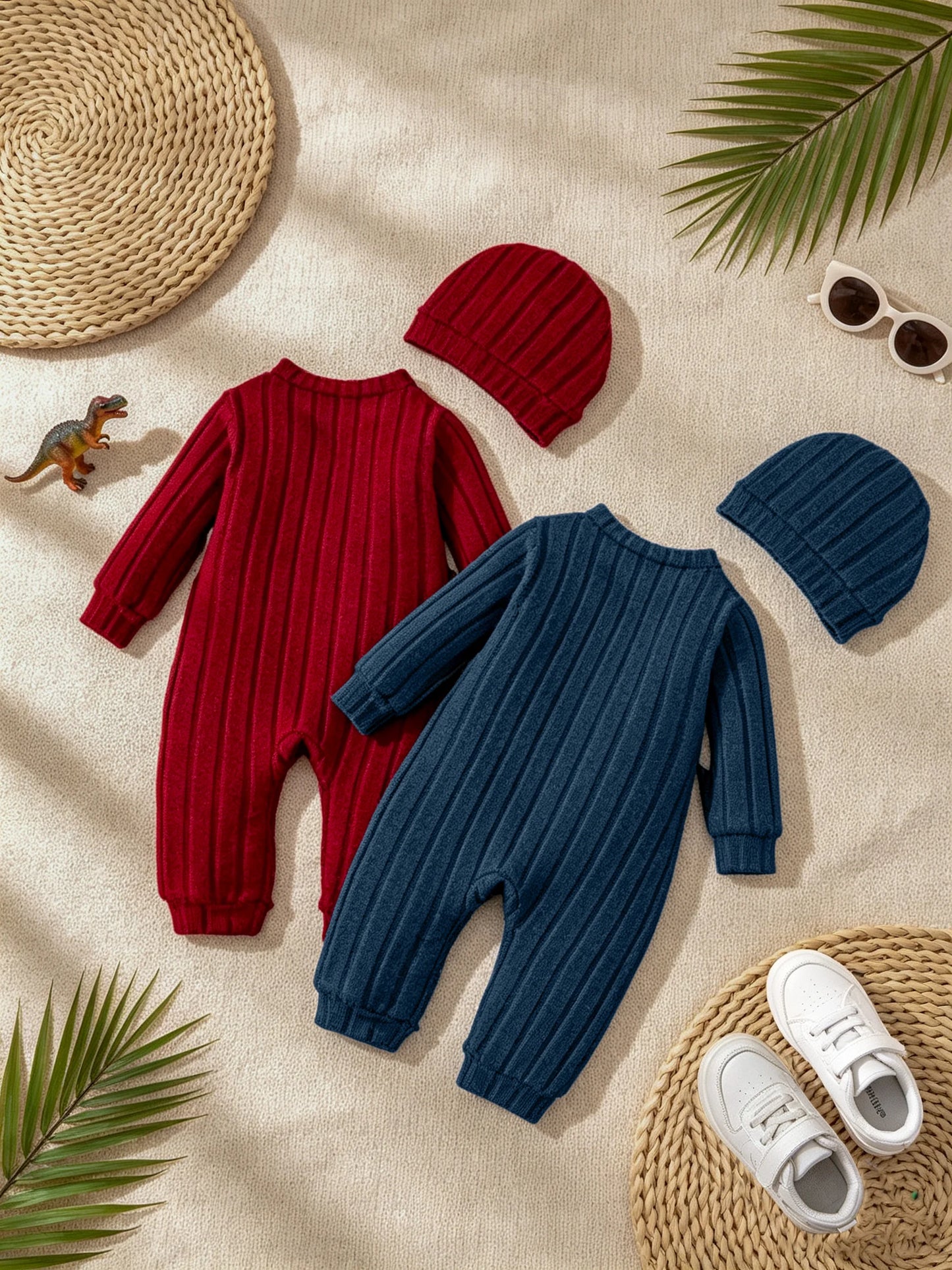 Baby Boy Winter Red Onesie & Hat Set – Cute Bear Badge Single-Breasted Romper for 1–18 Months
