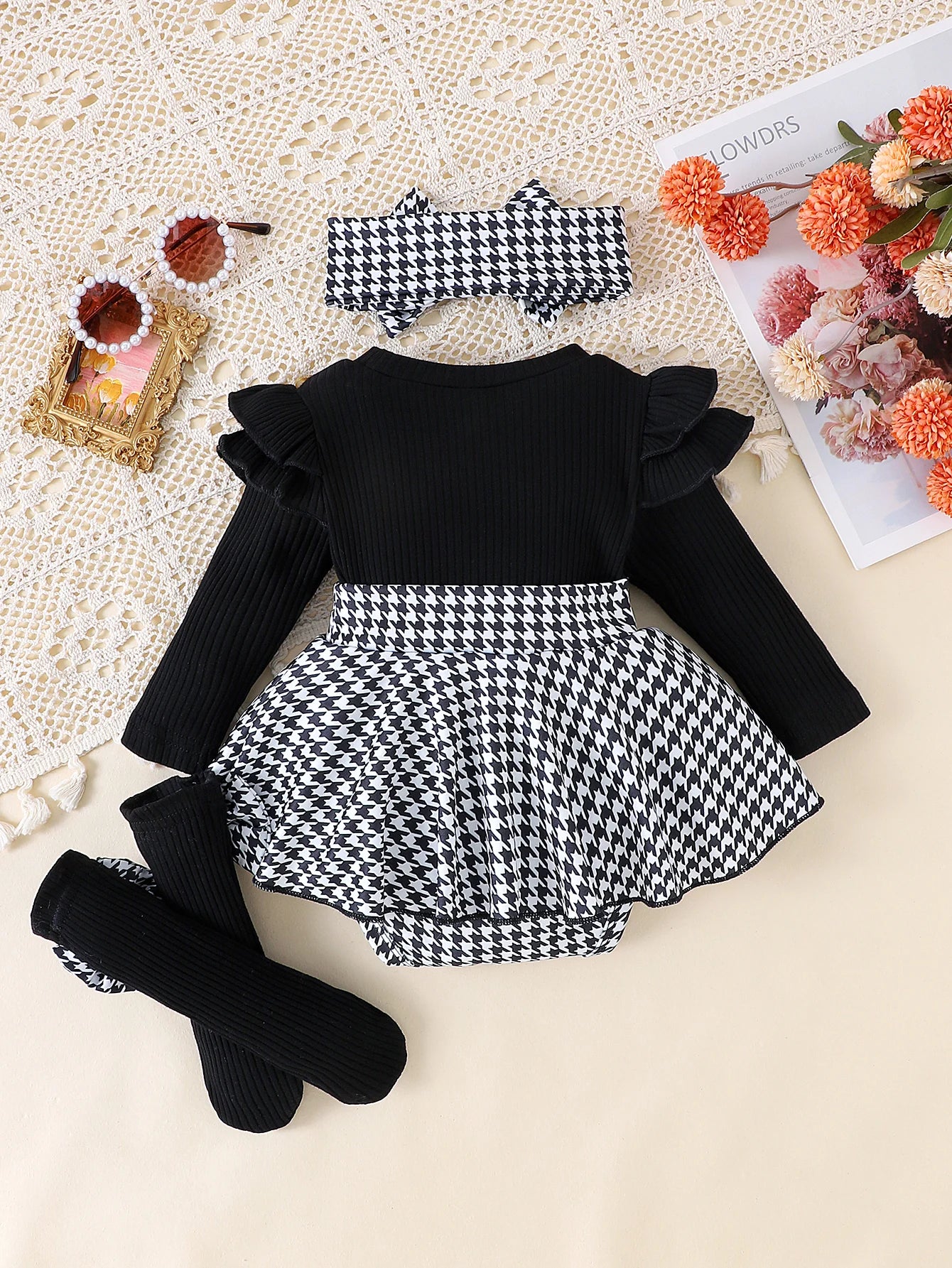 Baby Girl Autumn 2-Piece Outfit Set – Black Top + Houndstooth Skirt + Hair Band for 0–1 Year